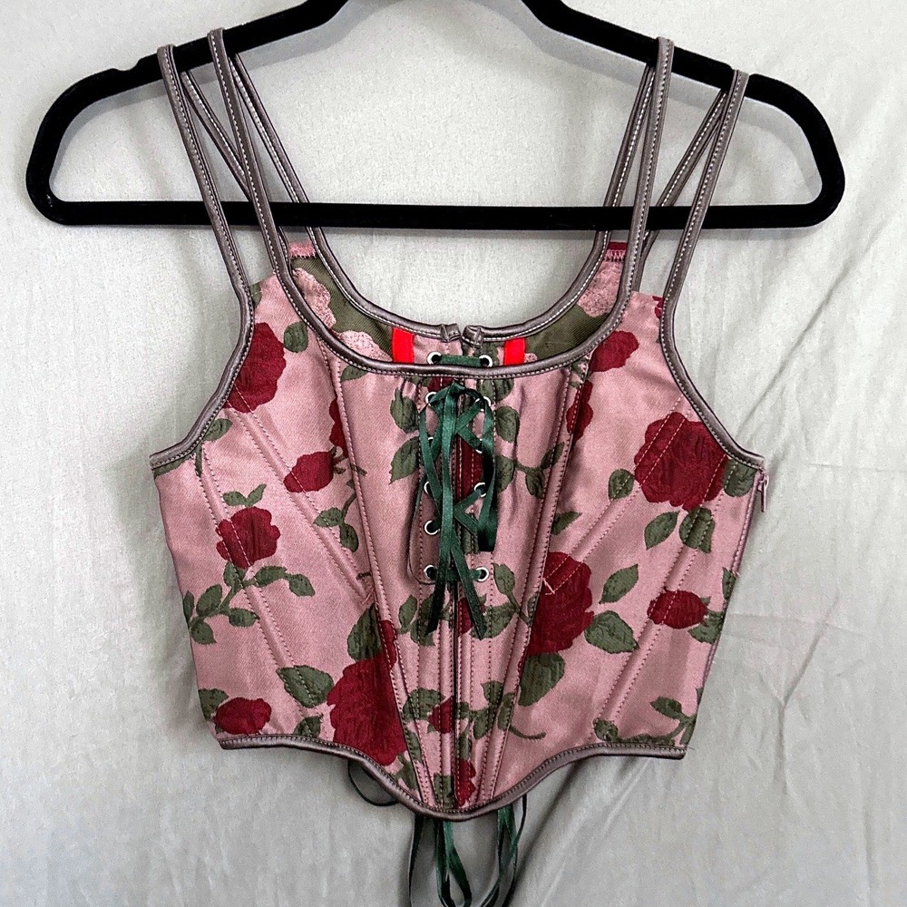 Floral Rose Corset Top Size S Pink Coquette Victorian Boned Lace Up renaissance
